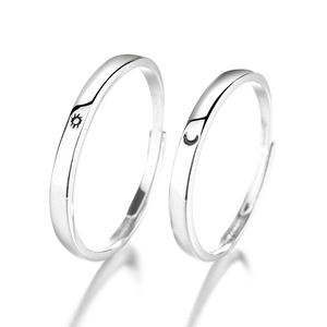 Adjustable 925 sterling silver sun and moon couple rings with polished mirror finish