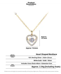Detail view of gold S925 sterling silver dancing heart necklace with sizing specs