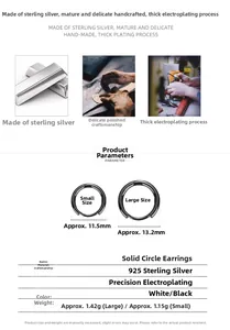 Detailed size chart for solid 925 sterling silver hoop earrings in black and silver