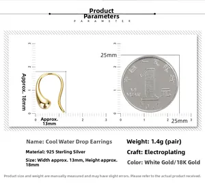 Detail view of 925 sterling silver waterdrop earrings with dimensions and size comparison