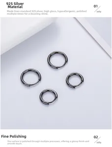 Close-up of polished gunmetal 925 sterling silver hoop earrings with mirror finish