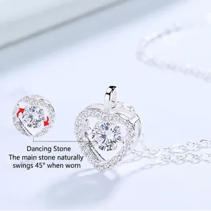 S925 sterling silver heart necklace featuring a 45-degree dancing gemstone center
