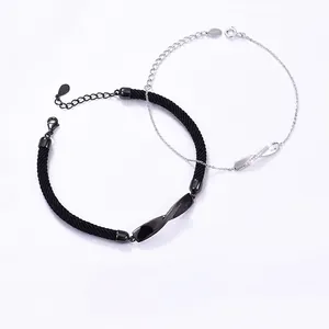 Bracciali di Coppia Anello di Mobius Argento Sterling 925 Corda Intrecciata Nera Catena Argento Incisa No.52 Zirconia Gioielli Regalo per Uomo Donna
