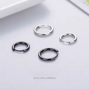 Solid 925 Sterling Silver Small Hoop Earrings For Men Women Minimalist Circle Ear Buckle Stud Earrings Silver Black Jewelry