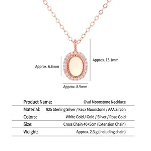 925 silver oval moonstone necklace with rose gold finish and AAA zircon accents