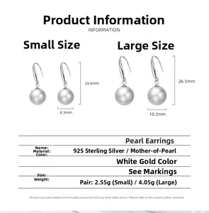 Size chart for 925 sterling silver pearl drop earrings showing dimensions for small and large sizes