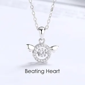 Collier Pendentif Coeur Dansant en Argent Sterling 925 Ailes d'Ange pour Femme Zirconia Incrusté Bijoux Romantiques Cadeau