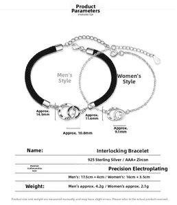 Detail view of interlocking S925 silver couple bracelets with precise size measurements