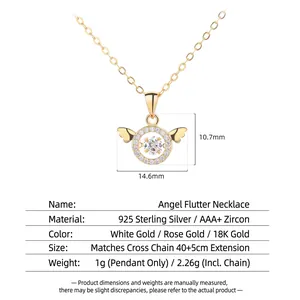 Collier Ailes d'Ange en Argent 925 avec Pendentif Coeur et Pierre Dansante pour Femme