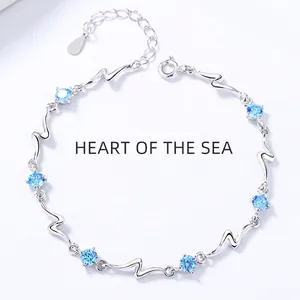 925 Sterling Silver Heart Of The Sea Wave Bracelet For Women Blue White Zirconia Inlaid Adjustable Fashion Jewelry Gift