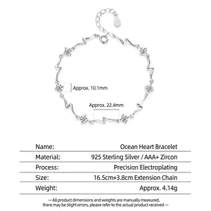 S925 sterling silver Heart of the Sea bracelet with blue zircons and wave chain