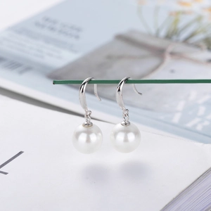 Elegant 925 sterling silver hook earrings featuring glossy round white shell pearls