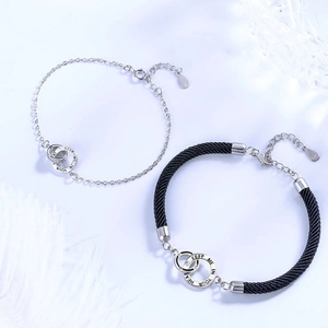 Interlocking S925 silver rings bracelets for couples with woven rope and heart engraving