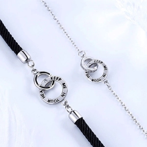 Interlocking S925 sterling silver couple bracelets with woven rope and engraved rings
