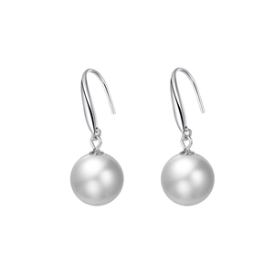 Elegant 925 sterling silver hook earrings with round white shell pearls on white background