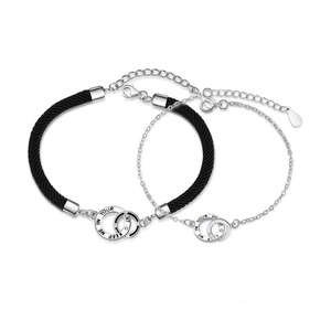 Interlocking S925 sterling silver couple bracelets with engraved double rings on rope chain