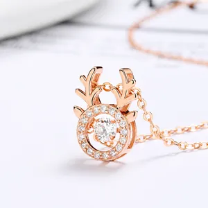 Elegante rotgoldene Rentier-Halskette mit funkelndem tanzenden Diamant-Anhänger für Damen