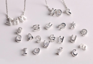 Detail view of S925 sterling silver alphabet pendants with sparkling diamond inlay