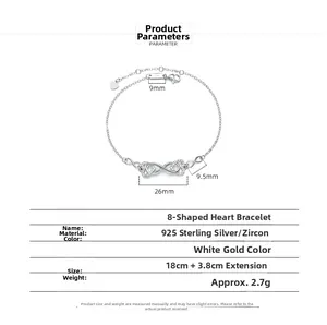 Technical dimensions of 925 sterling silver infinity heart bracelet with cubic zirconia
