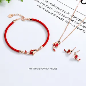 S925 Silber Koi Schmuckset mit rotem Armband, Halskette und Ohrringen für Glück