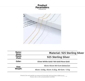 Detailed specs for 925 sterling silver water wave chain in silver, gold, and rose gold