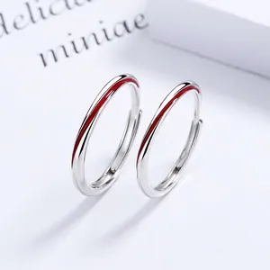 S925 sterling silver Mobius rings with red thread detail and adjustable open band