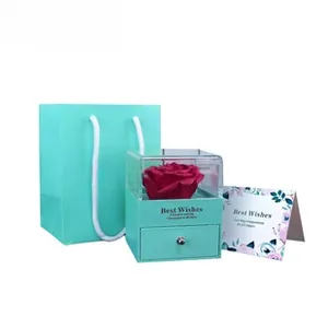Preserved red rose gift box set with Tiffany blue jewelry drawer and matching tote bag