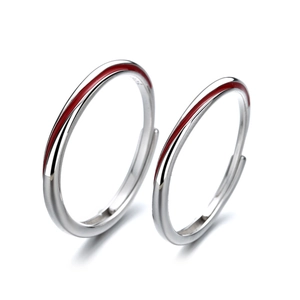 Adjustable S925 sterling silver Mobius couple rings with minimalist red enamel stripes