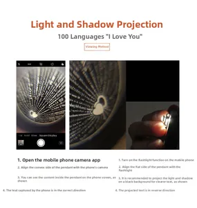 Guide showing how to view 100 languages I Love You projection via phone camera and light