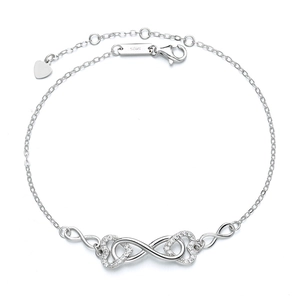 925 sterling silver bracelet with infinity symbol and double hearts in pavé setting