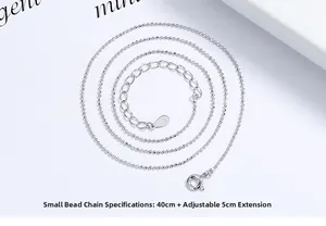 Detail of S925 sterling silver beaded chain with adjustable clasp and logo tag