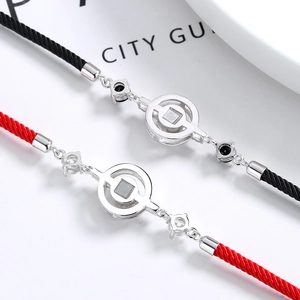 Red and black woven rope couple bracelets with S925 silver 100 languages projection stone