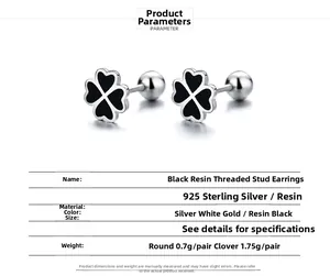 Specifications of S925 sterling silver black clover screw back earrings with dimensions