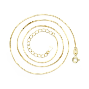 Classic S925 sterling silver gold box chain necklace with spring ring clasp on white background