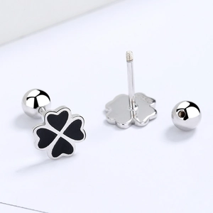 S925 sterling silver black clover stud earrings with screw-back and enamel detail