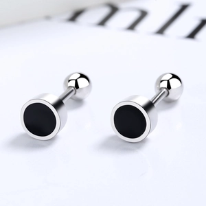 Minimalist black round clover stud earrings in S925 sterling silver with screw back balls