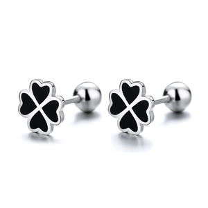 Minimalist black four-leaf clover screw back earrings in S925 sterling silver