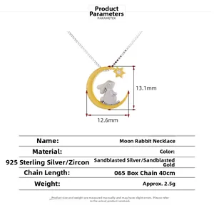 Detailed size chart of sterling silver moon and rabbit pendant showing dimensions and materials