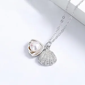 925 Sterling Silver Opening Shell Freshwater Pearl Pendant Necklace Elegant Zirconia Inlaid Shell Clavicle Chain For Women Jewelry