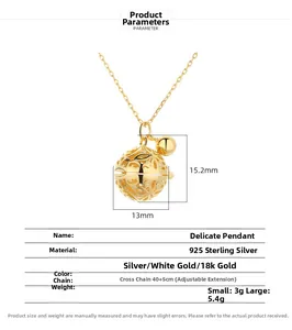 Detailed size parameters of 18k gold plated S925 silver hollow bell pendant necklace