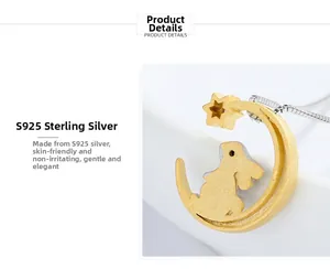 Detailed macro view of S925 sterling silver moon and rabbit pendant with gold matte finish