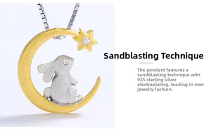 Detailed macro shot of 925 sterling silver moon rabbit pendant with sandblasted texture