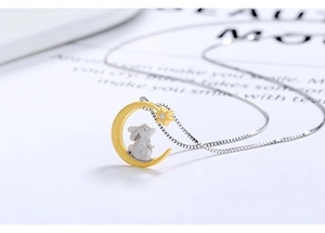 Detail of matte silver rabbit and gold crescent moon pendant with micro zircon on box chain