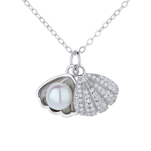 S925 sterling silver shell pendant necklace with pearl and sparkling zircon accents