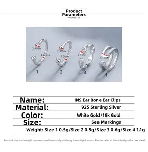 Detailed size chart for S925 sterling silver ear cuffs with weight and dimensions info