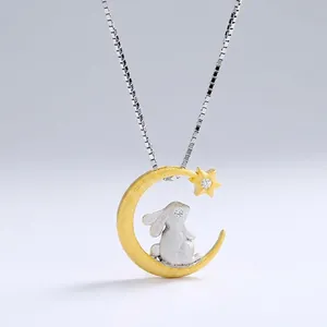 925 Sterling Silver Moon Rabbit Necklace For Women Gold Silver Two-Tone Zirconia Star Pendant Box Chain Fashion Jewelry Gift
