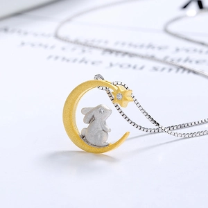 S925 sterling silver moon rabbit necklace with two-tone pendant and zircon accent