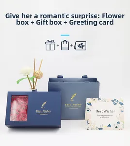 Blue gift box set with red soap roses, matching handbag, and floral greeting card