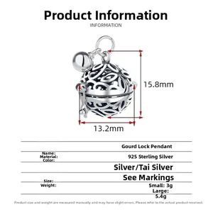 Detailed size parameters of S925 sterling silver hollow bell pendant showing dimensions