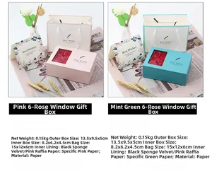 Preserved rose jewelry gift box set with dimensions, shopping bag and greeting card details